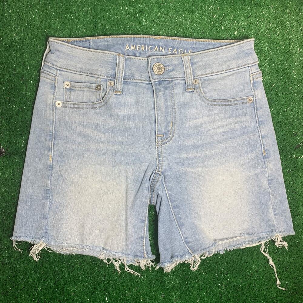 American Eagle Womens 00 Next Level Stretch Midi Denim Shorts Frayed Hem